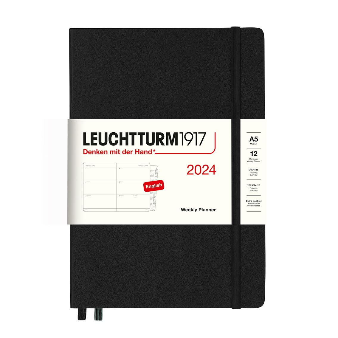 LEUCHTTURM1917 367622 Weekly Planner Medium (A5) 2024, 12 Months, Black, English