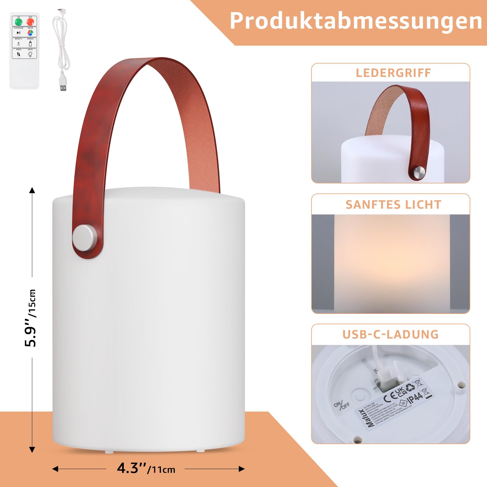 Produktbild von MALUX LED RGB Tischlampe Für Außen Camping Laterne Mit Fernbedienung Warmweiß 8 Farben Dimmbar Outdoor Lampe Wasserdicht Ideales Dekor Fuer Ihr Haus Garten Tisch Lampe Leuchte Beleuchtung Gestreift Neu