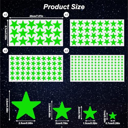 596 adhesivos de estrellas que brillan en la oscuridad para techo, 8 hojas, 4 tamaños miniatura 3