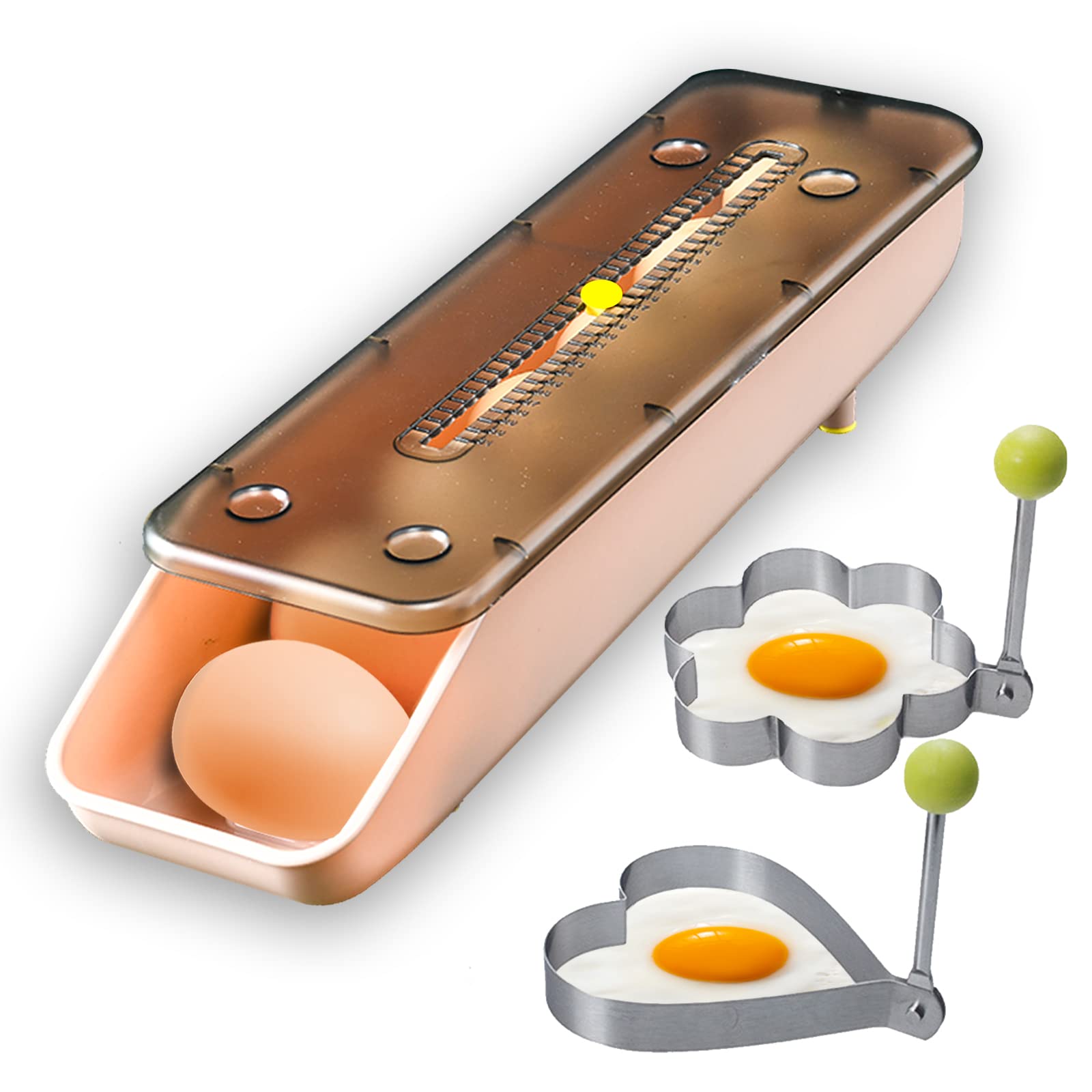 QeeHeng Egg Holder for Refrigerator with 2 Pack Stainless Steel Eggs Cooking Rings,Fresh Storage Box for Fridge Automatic Rolling Storage Container with Lid