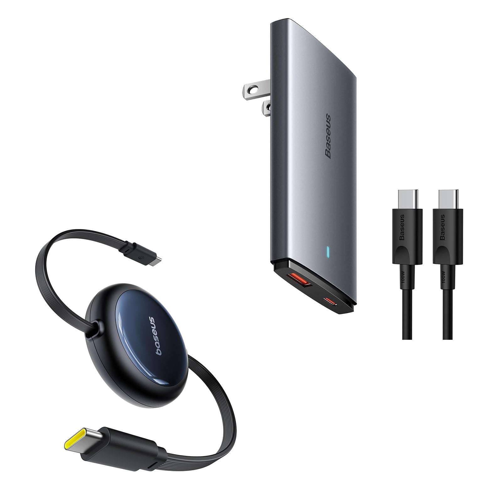 Baseus 65W Flat Wall Charger 2 Port Ultra-Slim USB C GaN Charger with Foldable Plug and Baseus Retractable