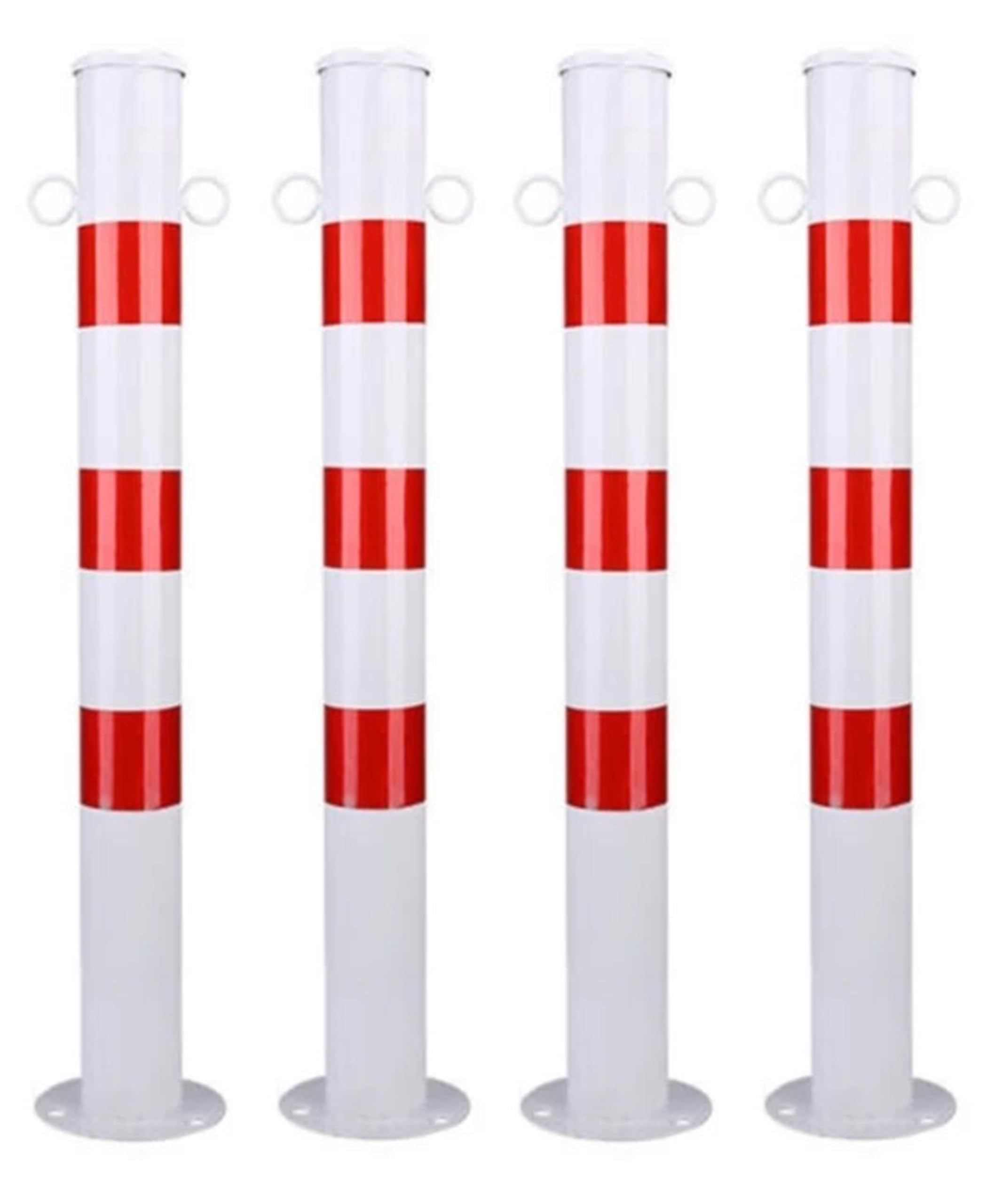 Absperrpfosten Rot-Weiß mit Ösen, Ø76mm, Höhe 750mm, Metall, Bodenmontage, 4er Set