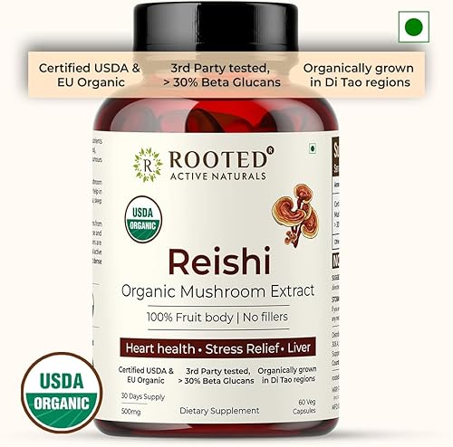 Miniatura 5 de ROOTED Active's Reishi - Extracto de hongos en polvo (60 cápsulas vegetales), certificado orgánico por USDA y la UE  30% beta-glucanos - verificado