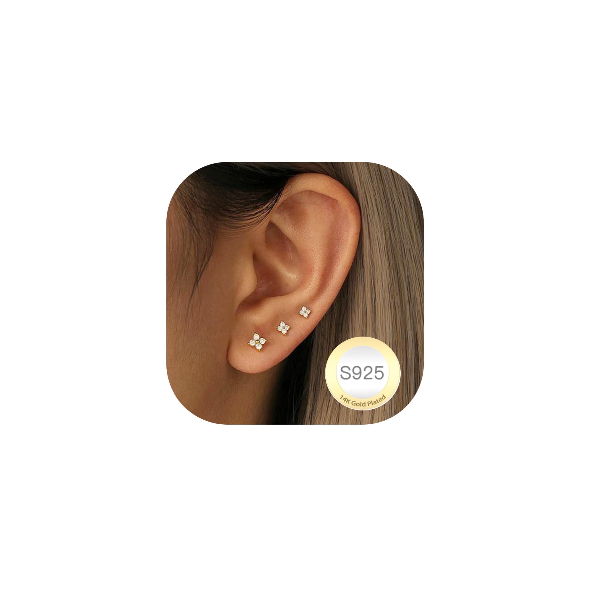 RAJPUTANA 3 Paare Kleine Ohrringe Sterling Silber für Damen Set Hypoallergen 14K Gold Ohrstecker Zartes CZ Stern Punkt Herz Ohrstecker Ohrringe 925 Silber Set Schmuck Geschenke