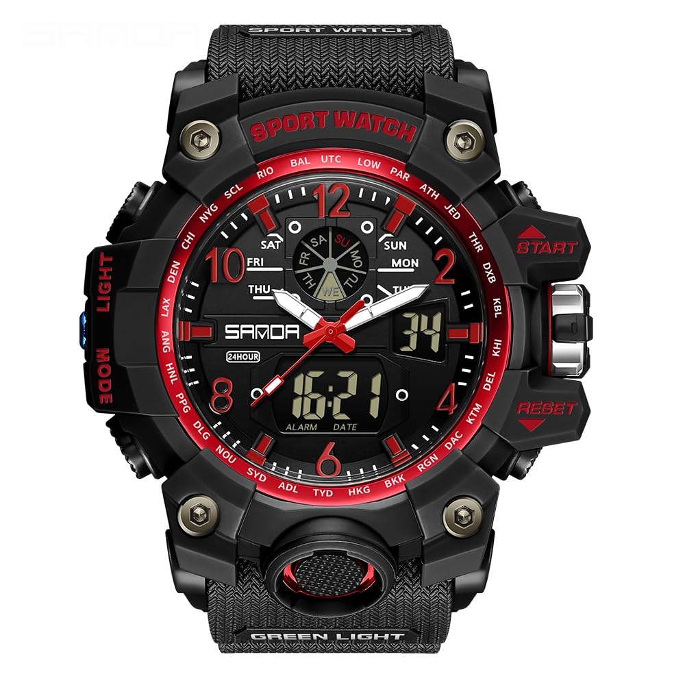 AIMES Men's Watches Outdoor Sports Waterproof Military Watch Tactical Digital Analog Wrist Watch Date Multi Function Led Large Face Alarm Stopwatch for Man black red-3169