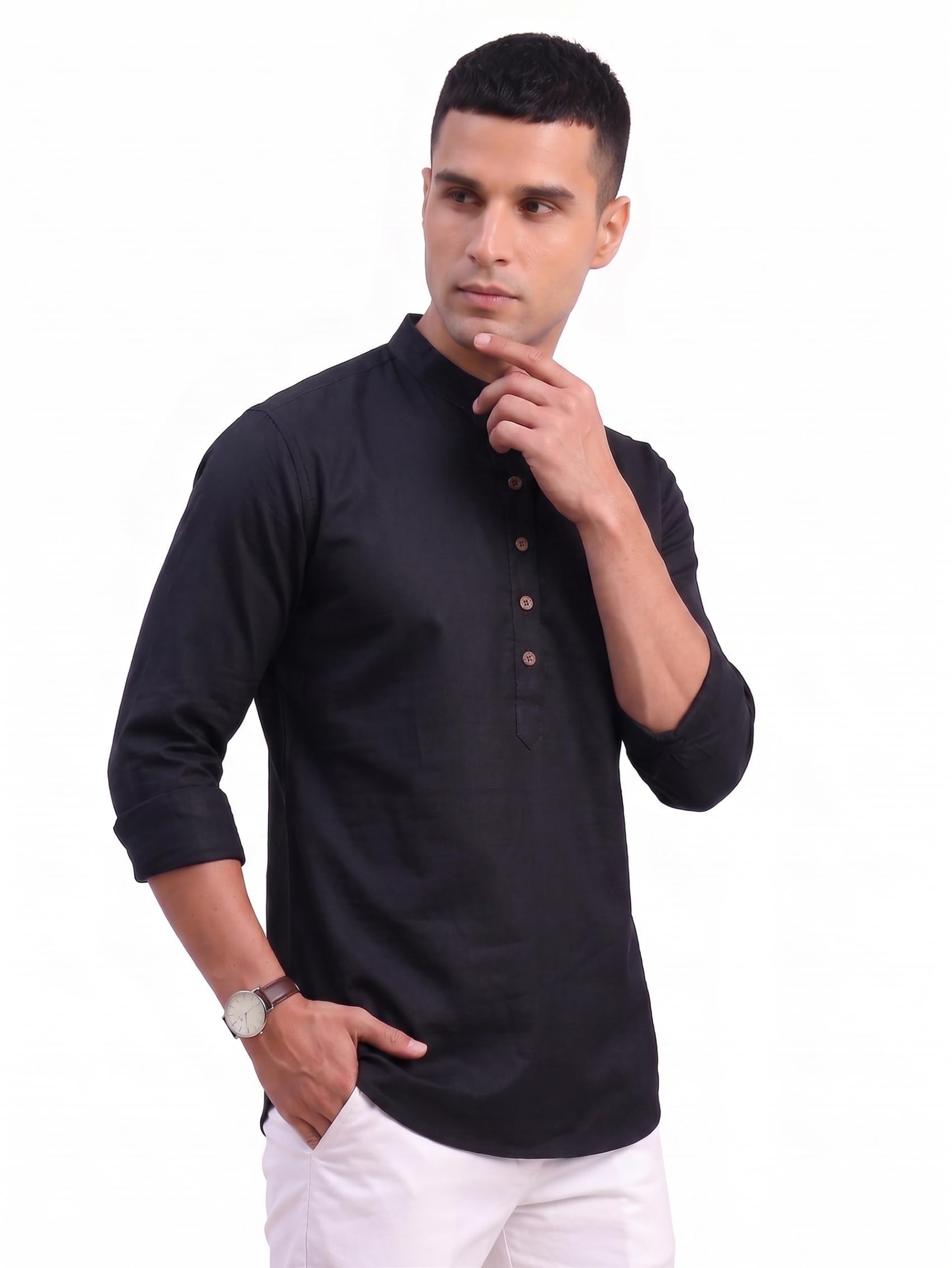 Solid Men's Short Kurta | Premium Cotton Blend Casual Kurta | Full Sleeve Mandarin Collar Ethnic Wear Men Regular Fit-picture-48