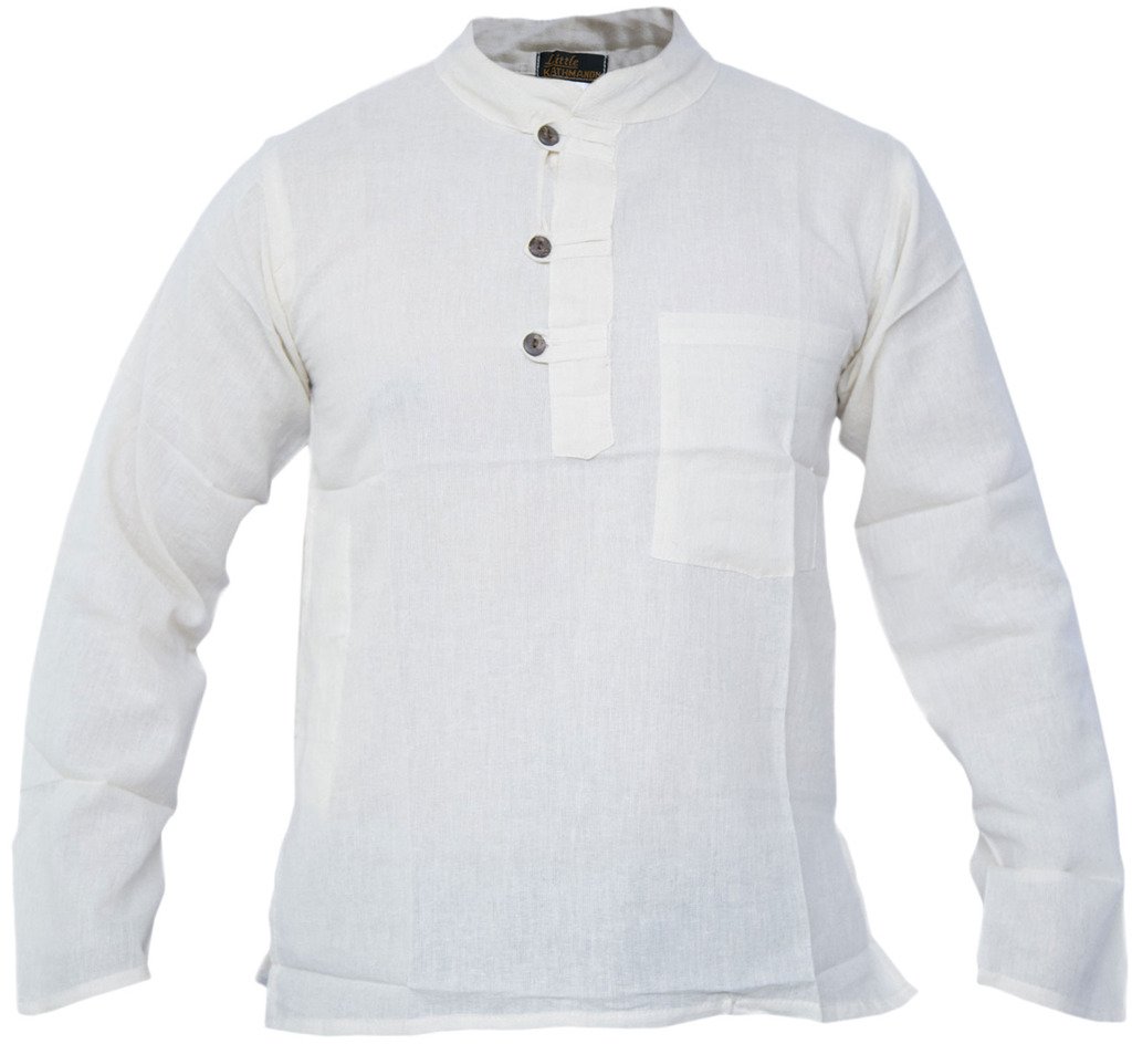 Gheri Men's Cream Plain Grandad Collarless Cotton Light Festival Summer Shirts Tops Kurtas Medium