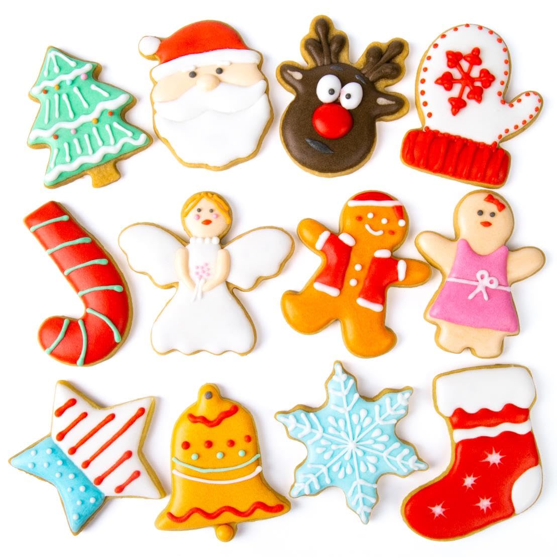 Juego de cortadores de galletas de Navidad, 12 piezas de acero inoxidable de metal, cortadores de galletas de Navidad, hombres de jengibre, árbol de Navidad, copo de nieve, bastón de caramelo, cara de