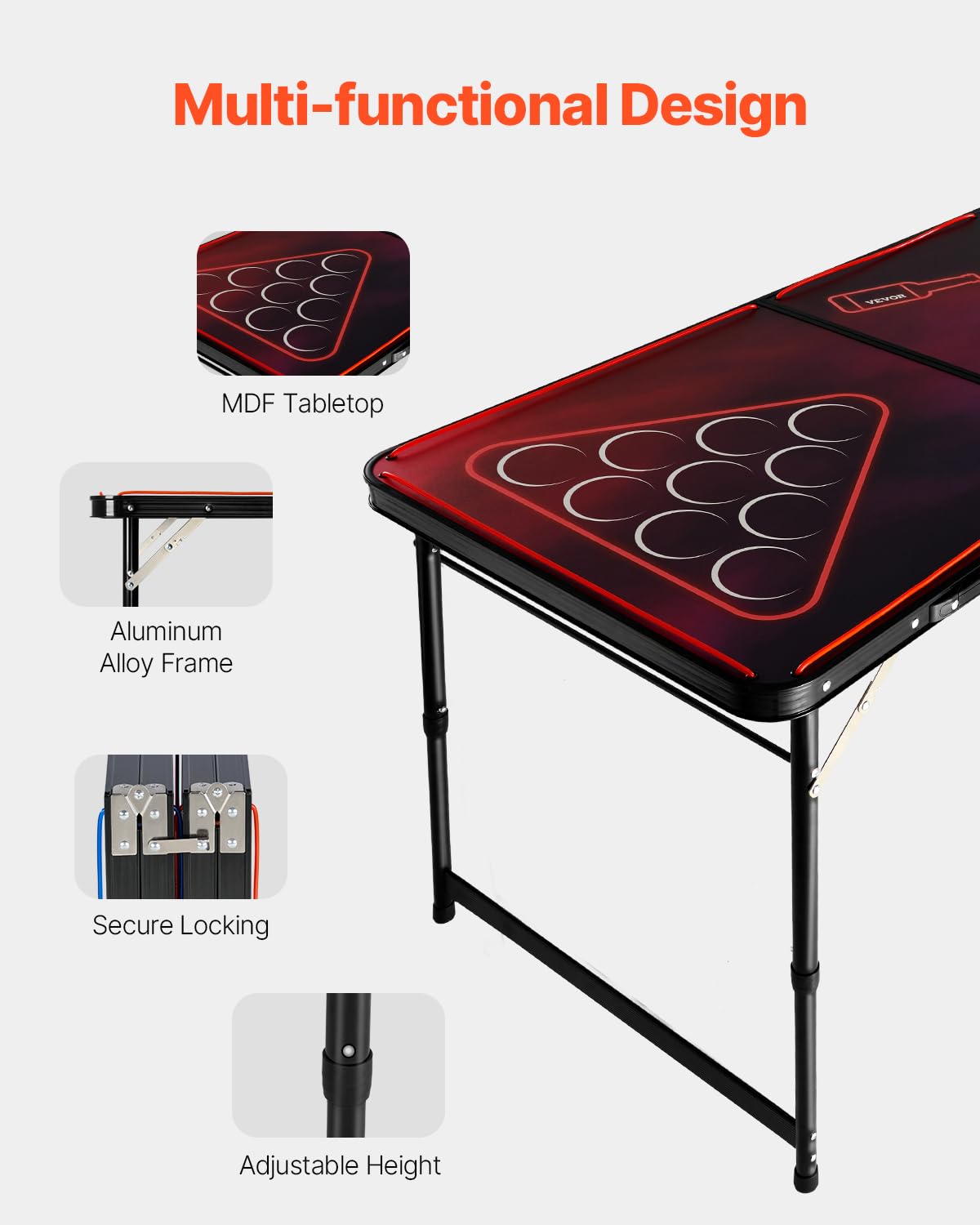 VEVOR Tavolo da Beer Pong Portatile 2,4 m con Luci a LED, Tavolo Pieghevole con Maniglia per Trasporto e 6 Palline da Pong, Altezza Regolabile 2 Livelli 710 mm 520 mm Carico Max 30 kg, Feste