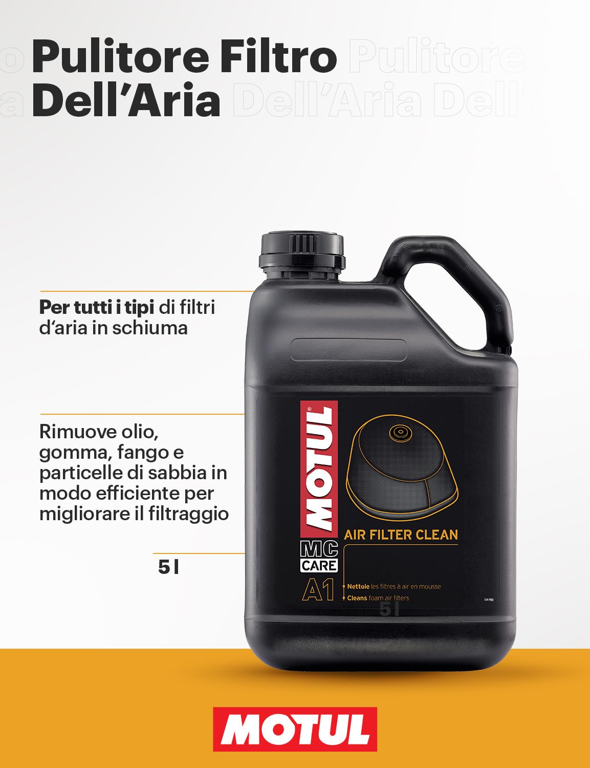 Motul - Pulitore per Filtro Aria in Schiuma - Compatibile Moto Cross, Enduro, Trial, Trail, Quad - Pulizia Profonda - Asciugatura Rapida - MC Care Air Filter Clean A1-5 L