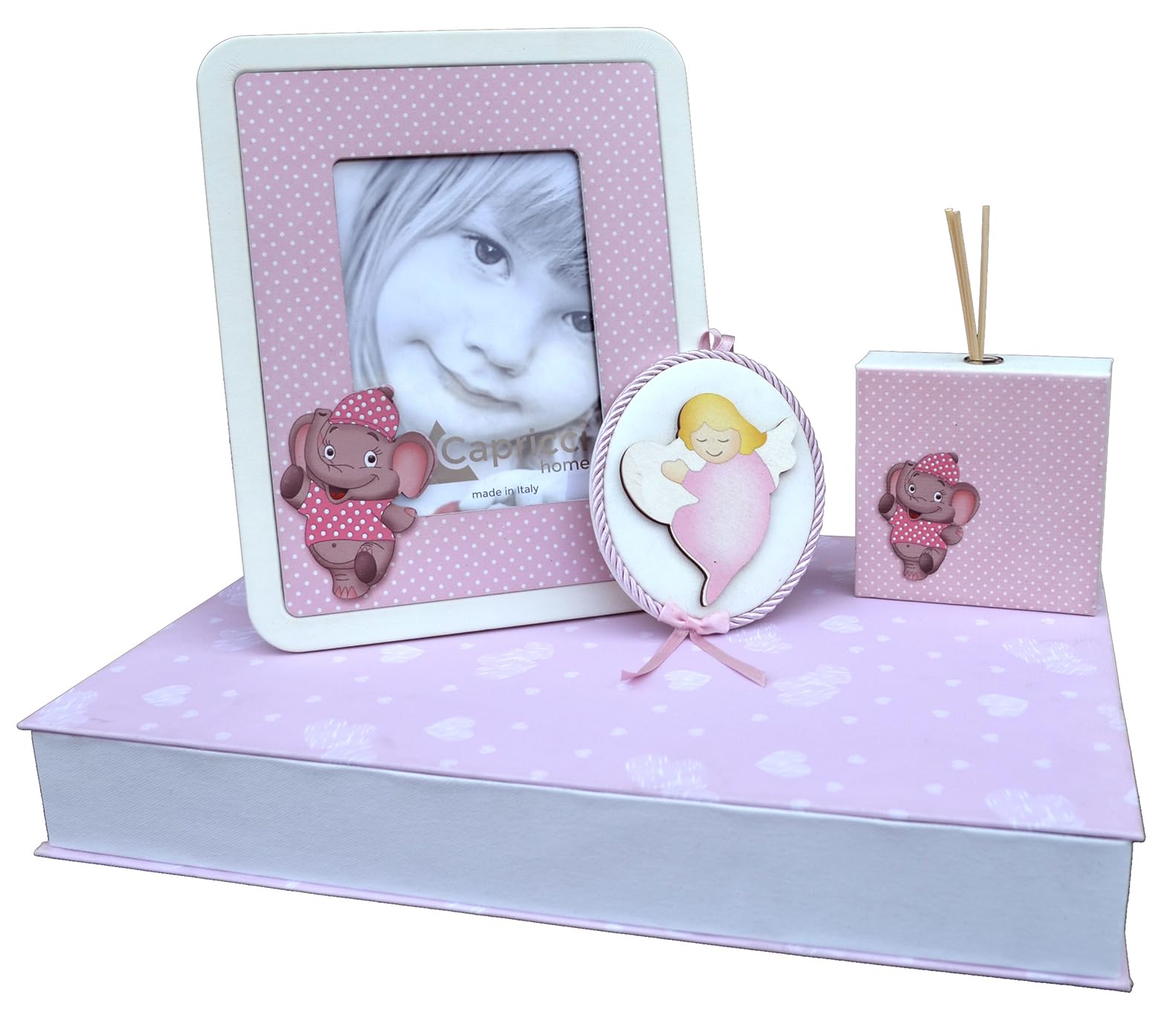 Benvenuto al Mondo: Set regalo tema Elefantino con Portafoto da tavolo Profumatore e Sopraculla Neonato nascita (Rosa)