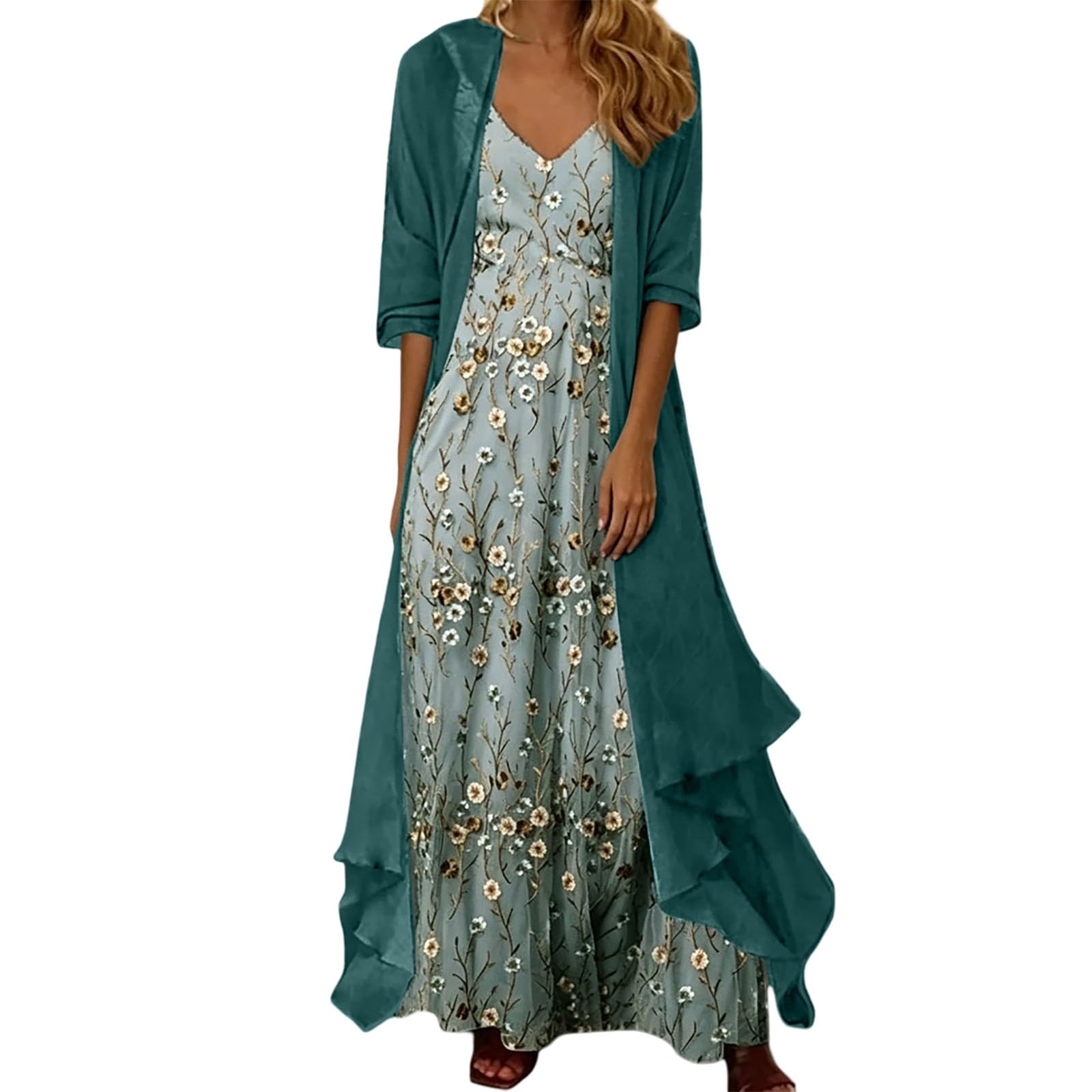 Genérico Conjunto de dos piezas étnico floral para resort con falda fluida para un vestido ligero de verano con escote en V.