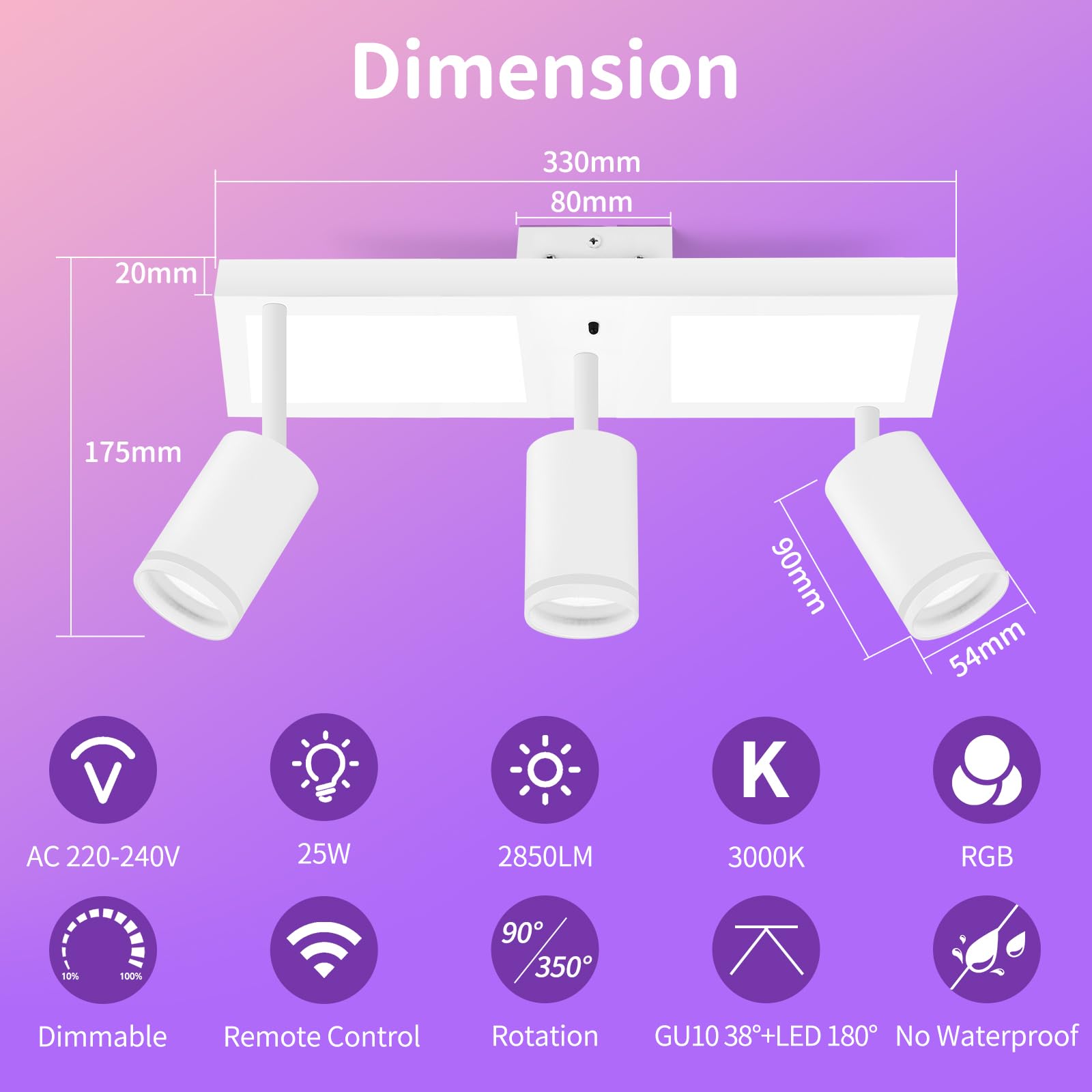 YindaLux LED Ceiling Light 3 Spots Dimmable with Remote Control, RGB 25W 2850LM Ceiling Spotlights GU10 Swivel - Image 2