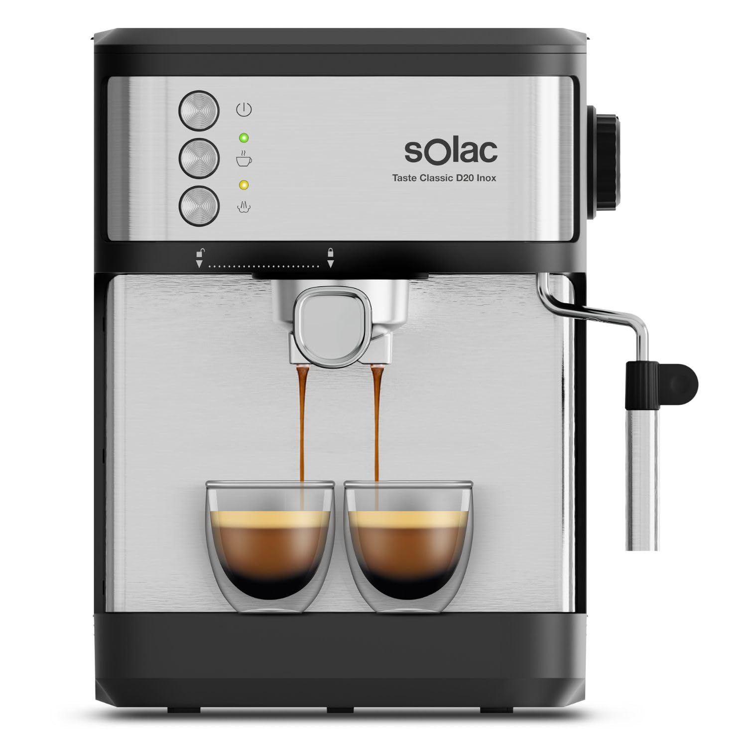 Solac – Cafetera Espresso Taste Classic D20 Inox | 850W | Presión 20 bares | Depósito 1,8L | Brazo 1 y 2 salidas | Vaporizador | Superficie Calienta tazas | Apagado automático