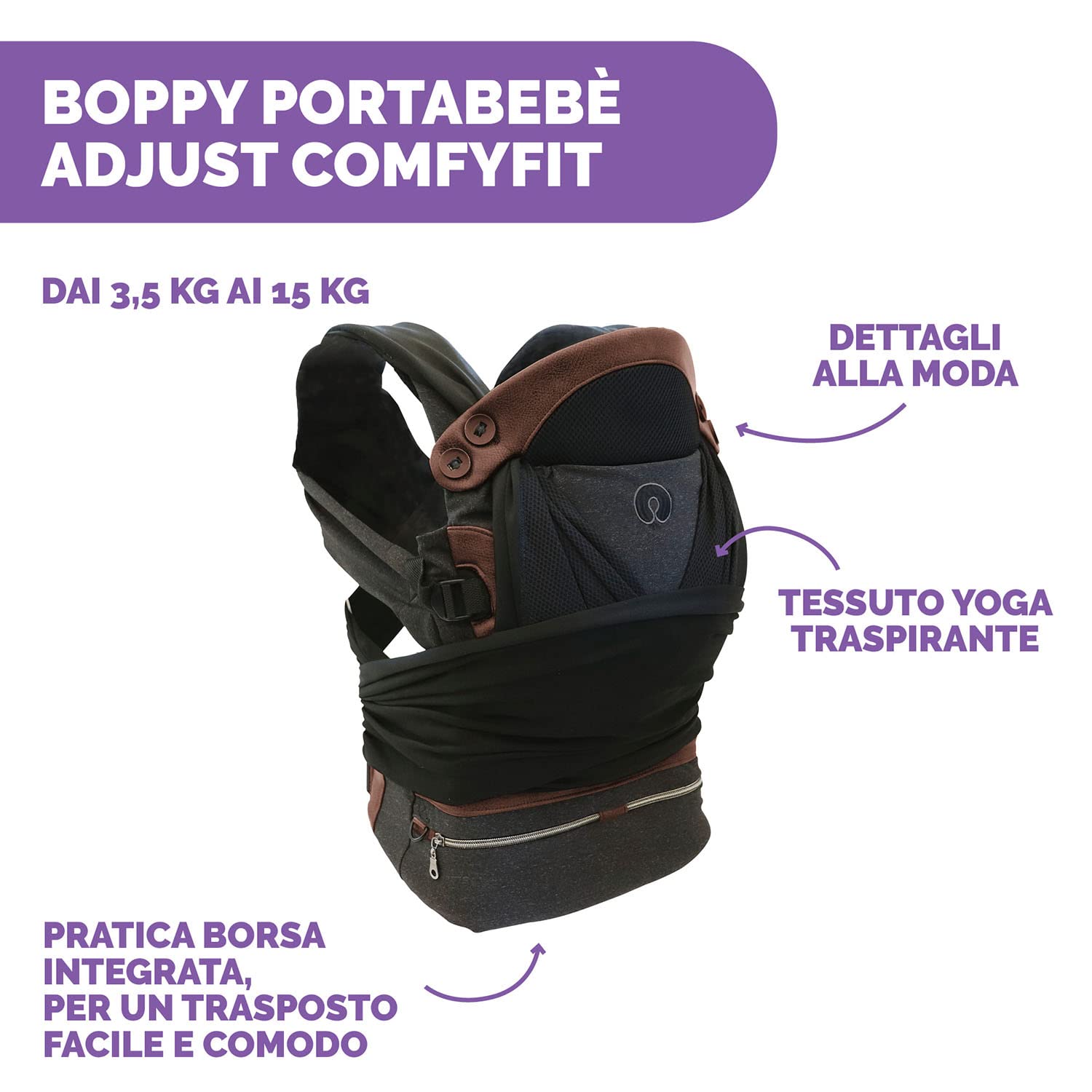 Boppy Adjust Comfyfit Portabebè 0+ Mesi da 3,5 kg a 15 kg, Semplice da Indossare e Regolabile, Portabebè Neonato Fronte Mamma Ergonomico con Supporto per Testa e Collo e Fascia Da Annodare, Nero