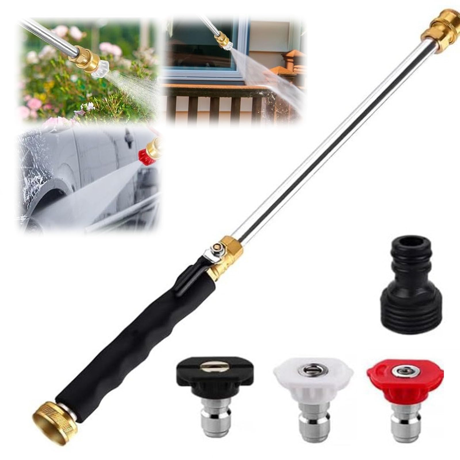 Hose Sprayer Nozzle with Adjustable Spray Patterns for Garden Watering, Car Washing, Patio and Pet Nozzle Power Washer for Garden Hose with 3 High-Pressure Nozzles, New Pressure Washer, (Black)