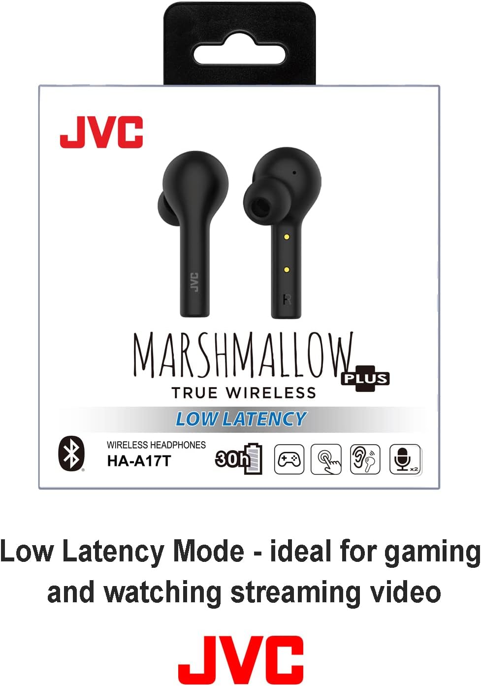 JVC Marshmallow+ Earbuds product box highlighting Low Latency