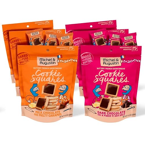 Michel et Augustin Galletas cuadradas de chocolate gourmet, chocolate negro y sal marina + chocolate con leche y caramelo, galletas europeas