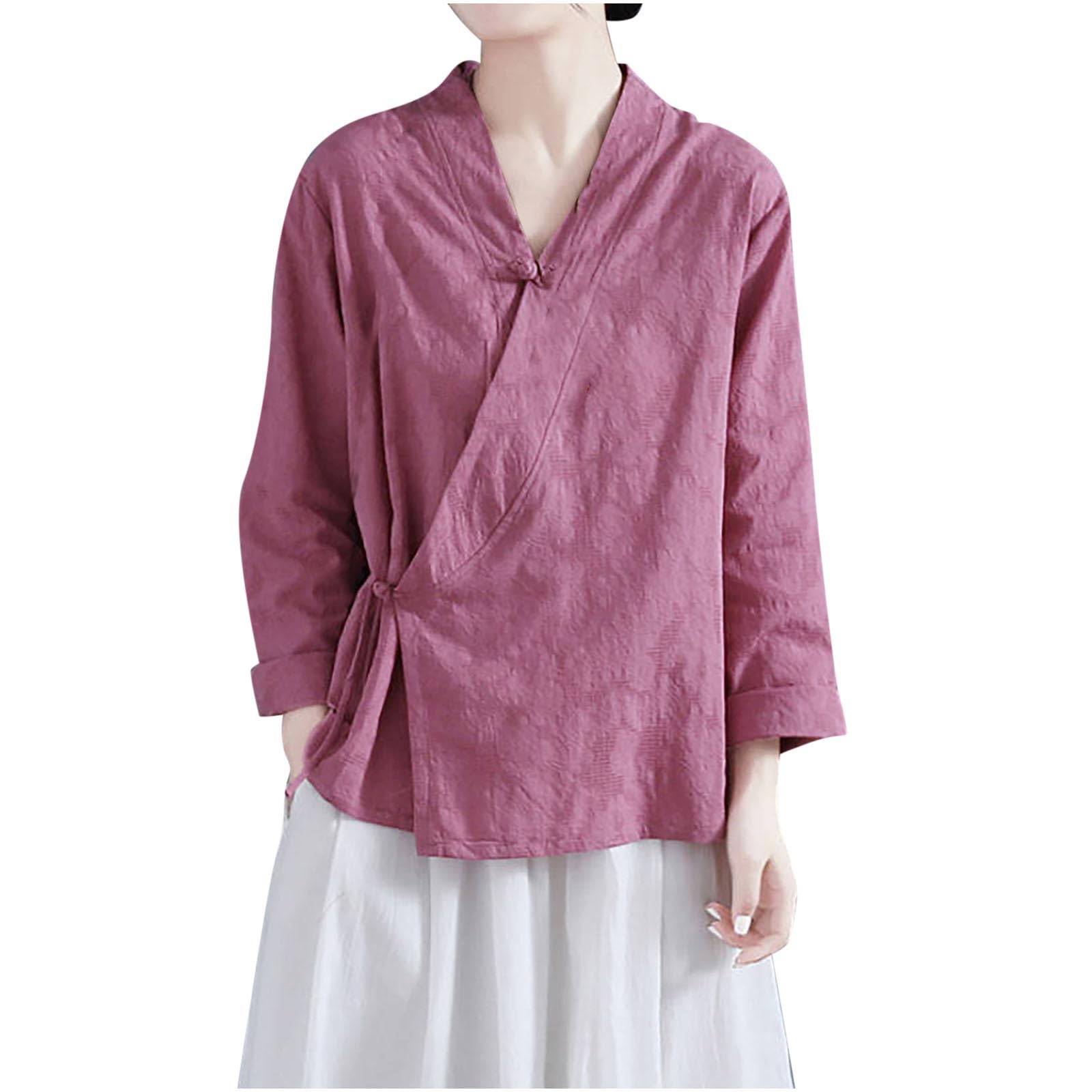 Womens Cotton Linen Retro Chinese Frog Button Tops Traditional Cheongsam Blouses Vintage Long Sleeve Qipao Shirts