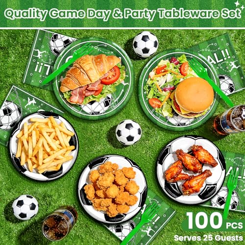 Image of 100 Pcs Soccer Paper Plates and Napkins Disposable for Party, 25-9 inch&25-7 inch
