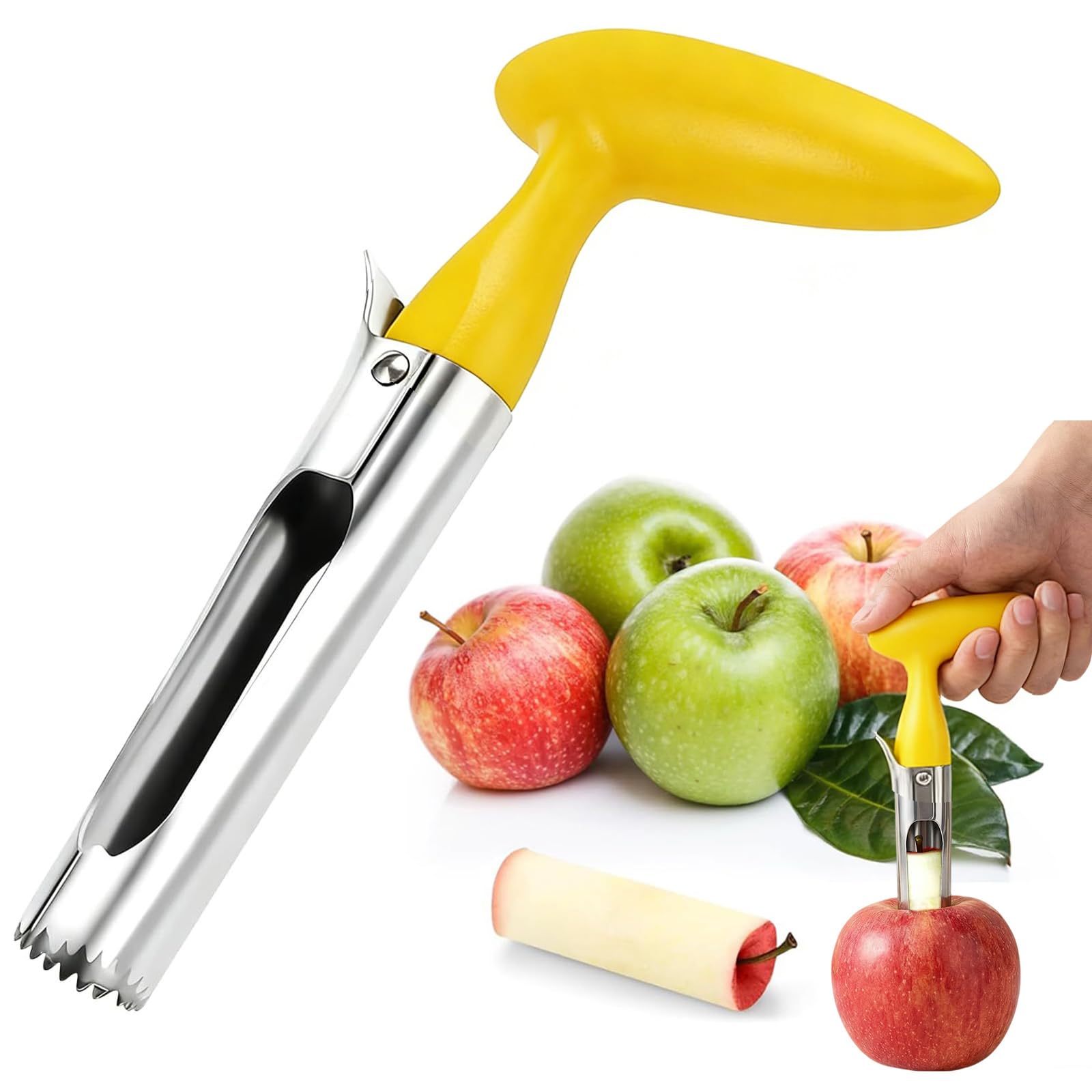 Apple Corer Remover, Apple Slicer Cutter, Apple Cutter with Serrated Stainless Steel Blade and Ergonomic ABS Handle, Easy to Clean & Use Apple Corer and Slicer (Yellow)