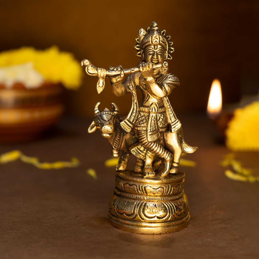 Ekhasa 100% Pure Brass Lord Krishna Idol with Flute (Size: 12.8 cm) | Shree Lord Krishna Statue for Home Decor | Kanha Ji ki Murti for Office Desk | Sri Krishna Idols Gift for House Warming Ceremony