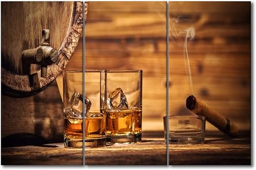 Miniatura 1 de 3 piezas de arte de pared de whisky y cigarros pinturas de cigarros encendidos con copas de vino Imágenes para sala de estar, lienzo Giclée