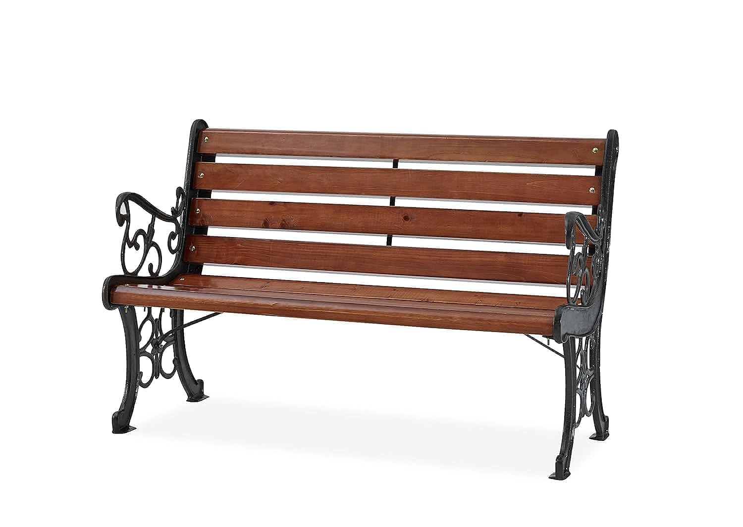 Danube Home Wuden Outdoor Garden Bench Chair | UV And Water-Resistant All-Weather Garden Patio Seating | 3-Seater Cast Iron/Hard Wood Patio Modern Outdoor Furniture For Lawn Garden - Brown