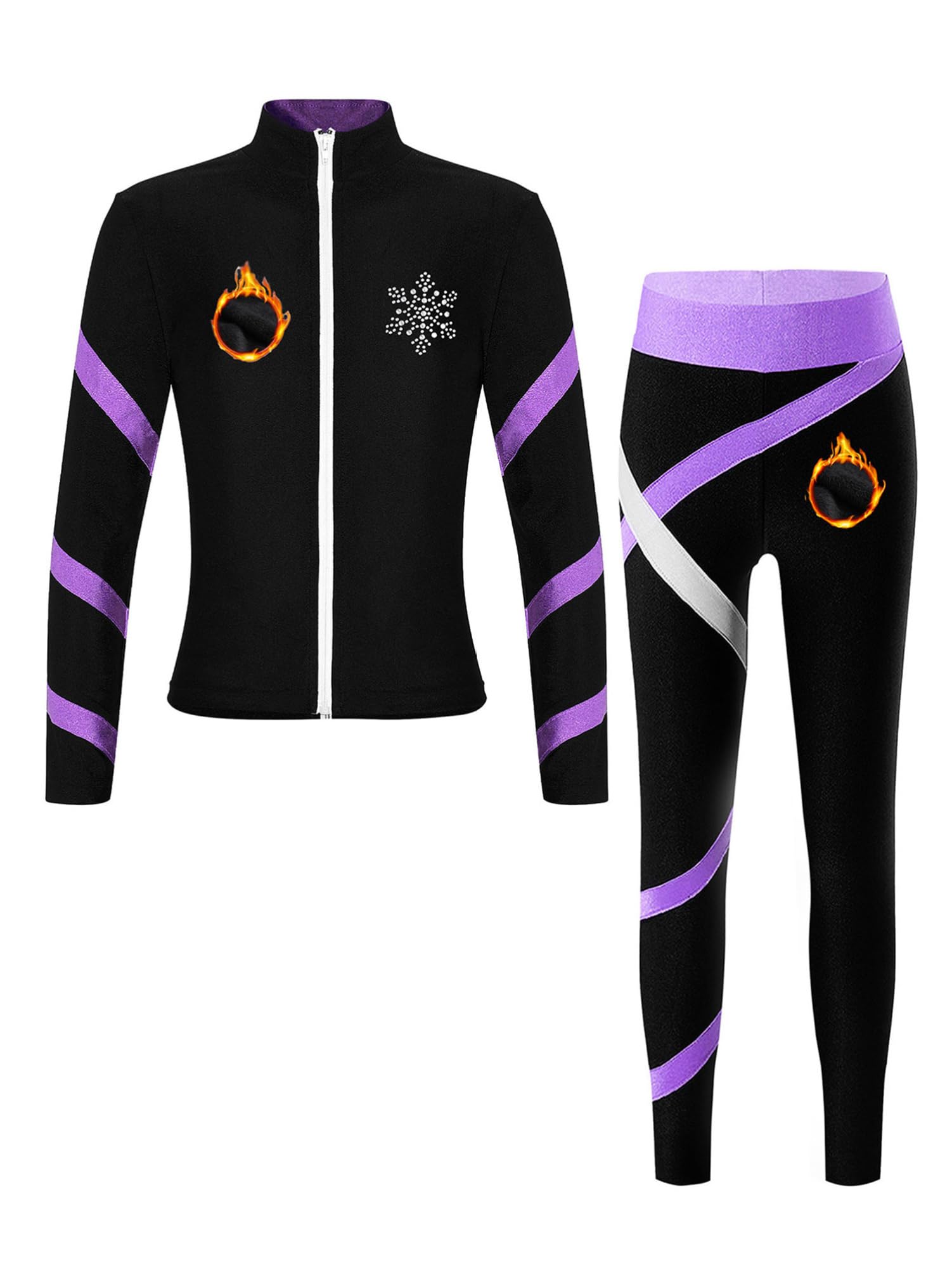 CHICTRY Eiskunstlauf Trainingsanzug Mädchen Thermo Jacke Glitzer Strass Sportjacke Langarm Mit Streifen Patchwork Eislaufhose Tanzhose Wettbewerb Tanzkostüm Helles Lila 134-140