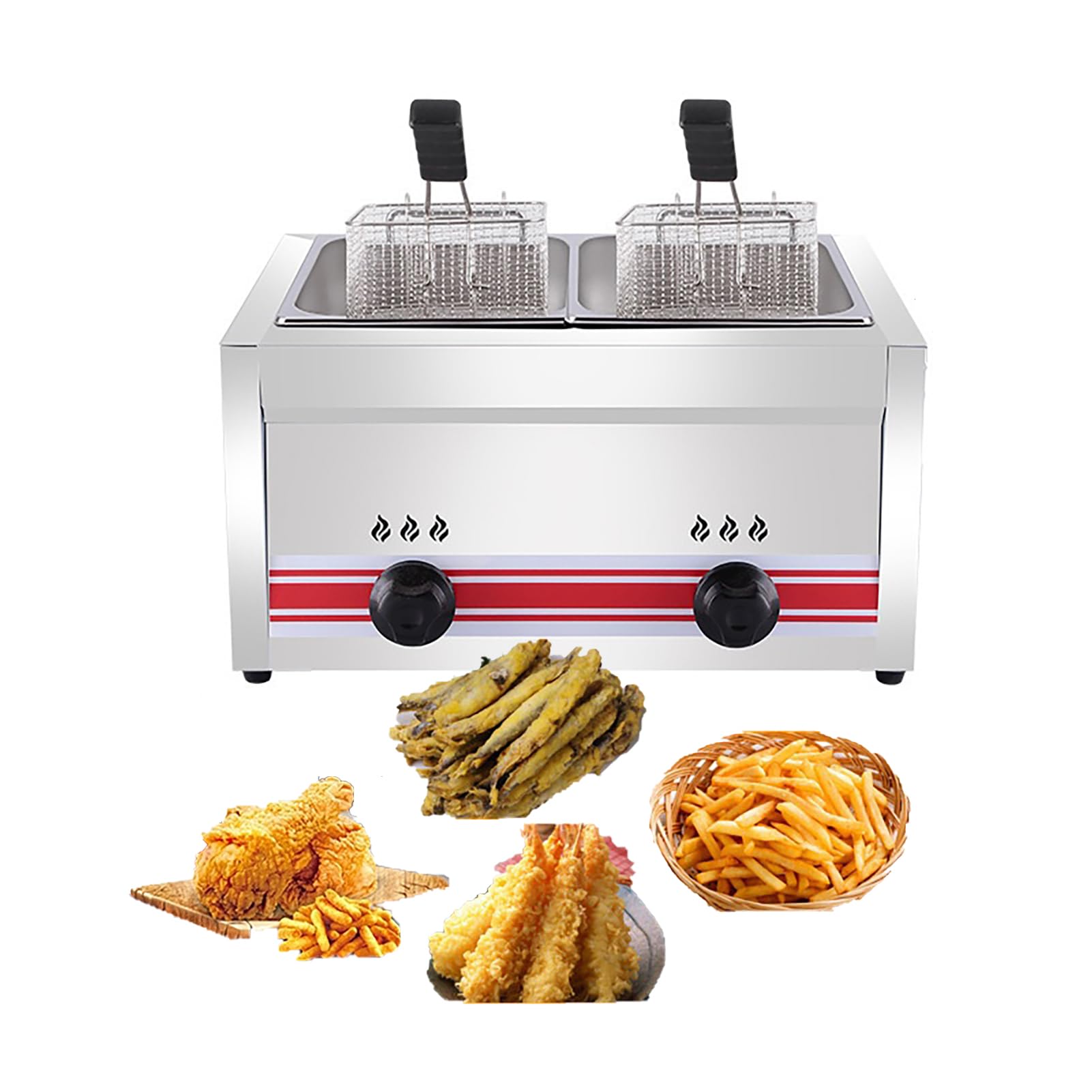 Friggitrice A Gas Professionale 10l/20l/30l in Acciaio Inox - Bruciatori Indipendenti, Doppio Serbatoio, Cestello Doppio - Ideale per Ristoranti, attività Commerciali E Uso Domestico