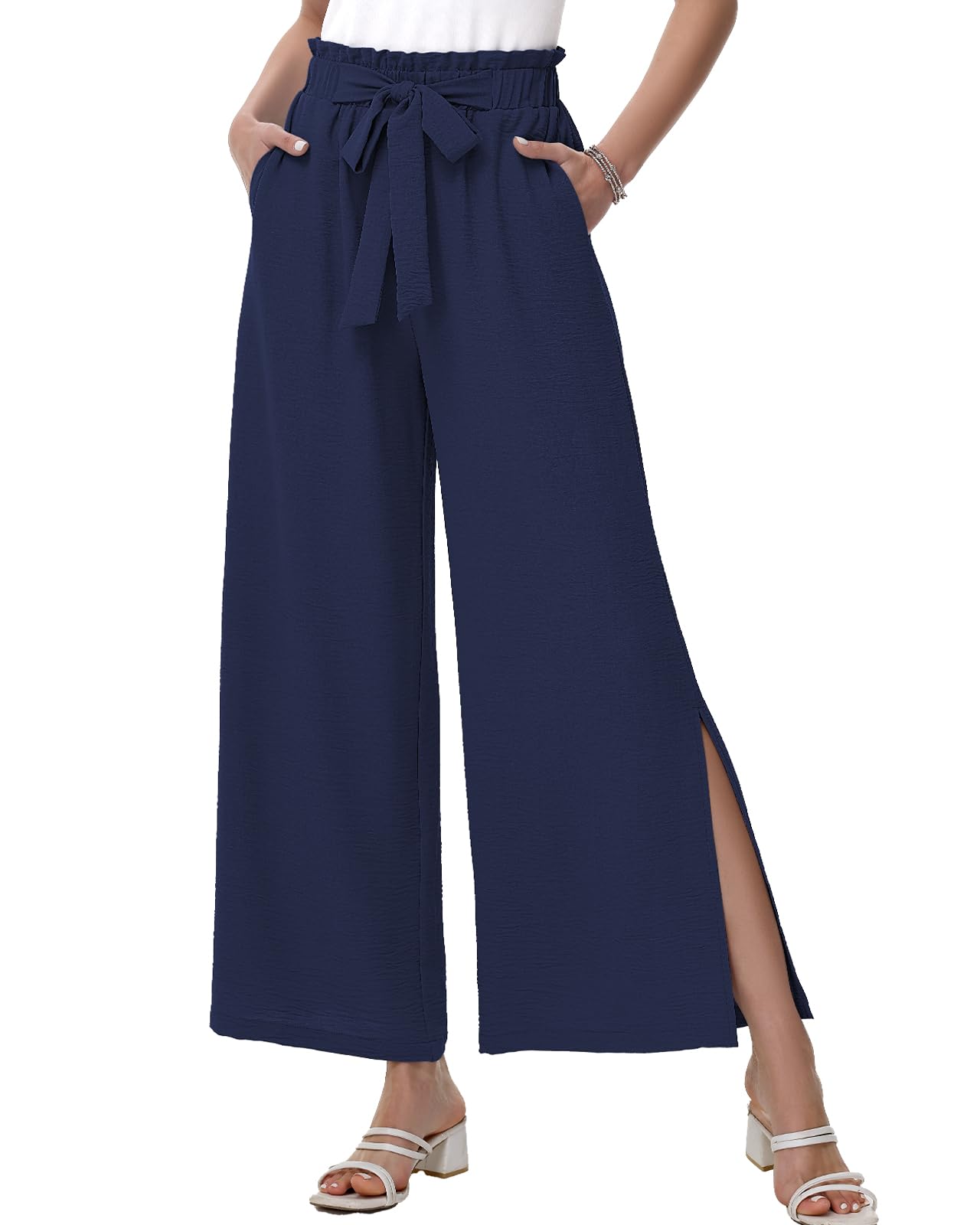 HMIYA Weite Hosen Damen Lässig Elegant Palazzo Hose Leichte Hohe Taille Sommerhose mit Taschen
