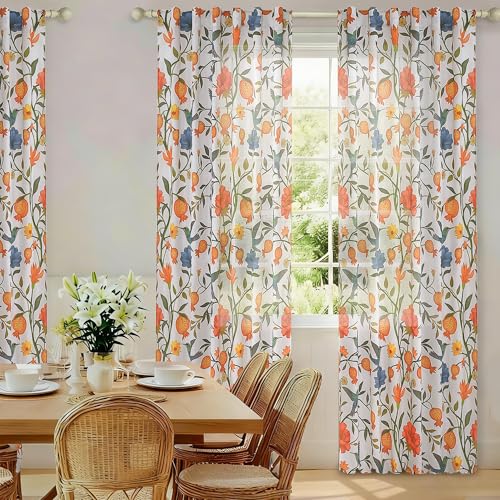 Image of JOOJA White Floral Linen Curtains, Boho Whimsical Bird Print Curtains for Bedroom Window Colorful Patterned Sheer Curtains for Living Room Kitchen 2 Panels 84 Inches Long