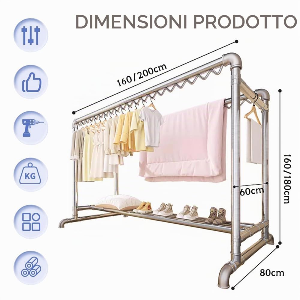 Appendiabiti con Ganci Antivento, Stand Appendiabiti in Metallo, Appendiabiti a Doppia Barra, capacità di Carico 400 kg, per Corridoio All'aperto L:1.6/2M