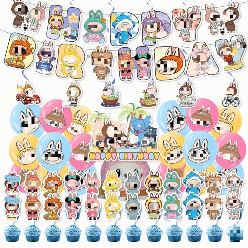 Cartoon Bunny Birthday Party Decorations Set 12-inch Balloons Cupcake Toppers Banner 15.3cm Party Supplies Set Labu Party Decoration Lafufububu Birthday Decoration