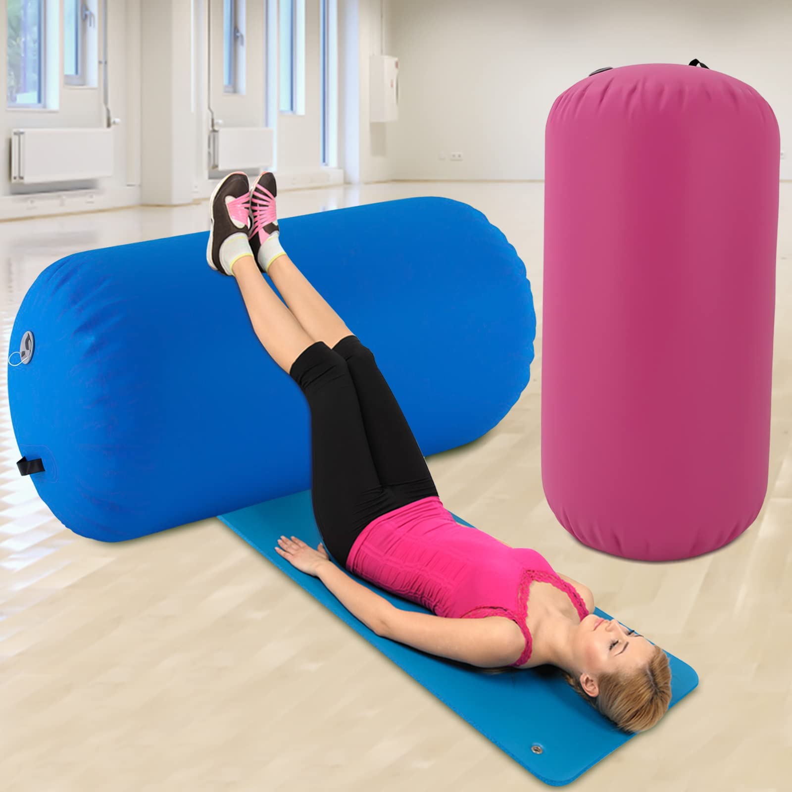 Rouleau Gonflable De Gymnastique 100 X 60 Cm – Bleu – Idéal Tumbling, Yoga, Cheerleading Avec Pompe Incluse