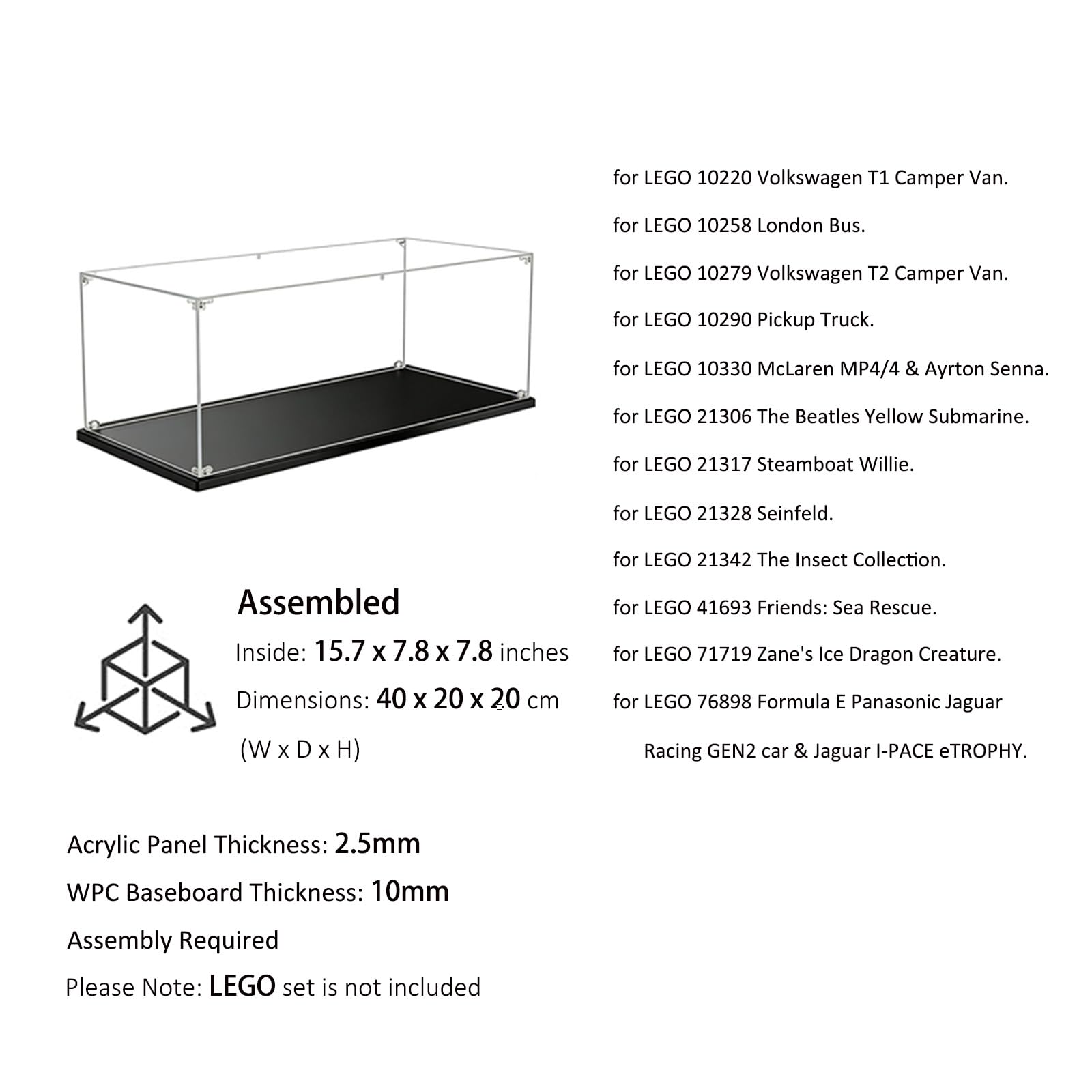 Vetrina Acrilica Trasparente Antipolvere, Una Grande Display Box Per Lego Modello serie. (40x20x20cm, Base nero)