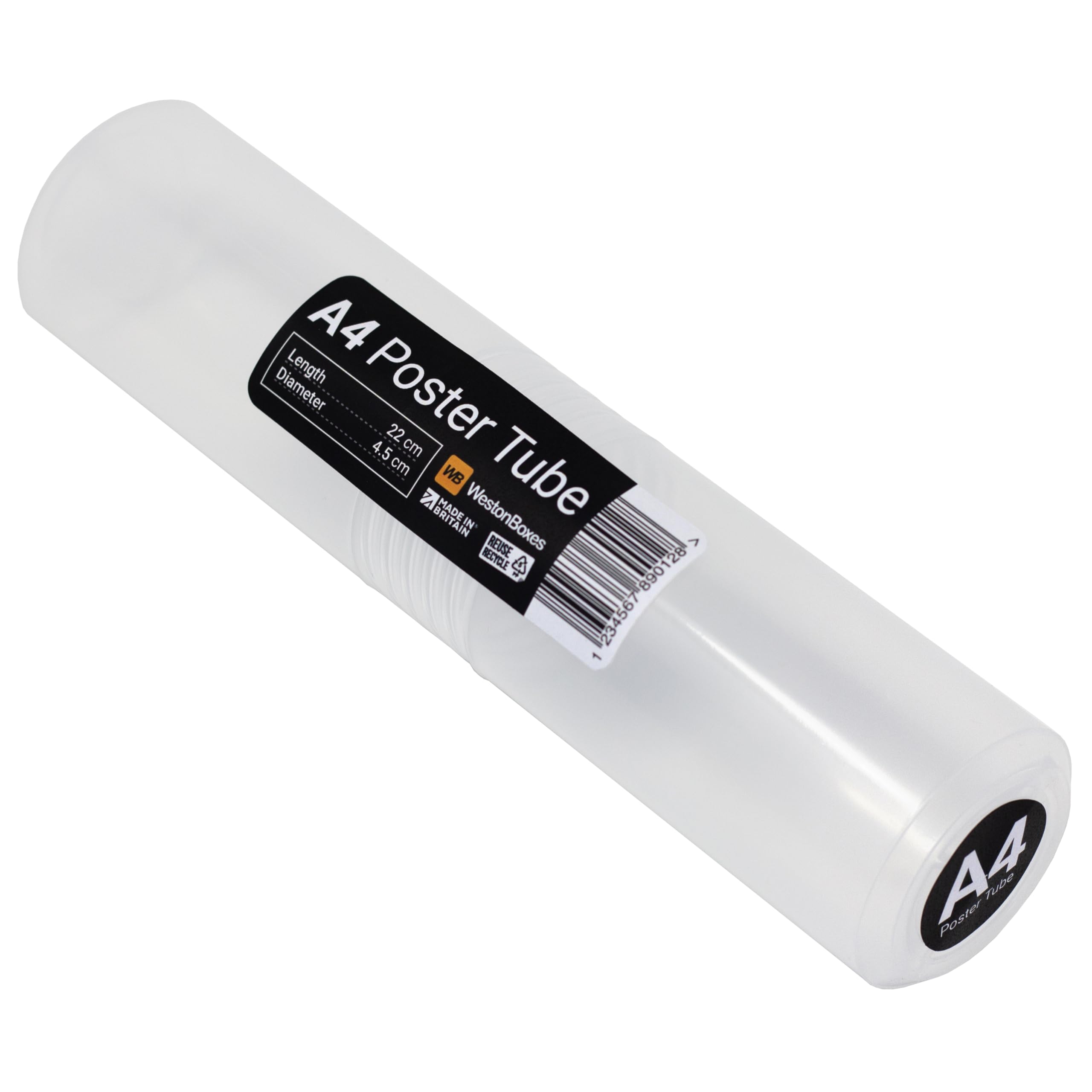 WestonBoxes Storage Tube for Posters, Prints, Drawings & Artwork, Clear Plastic with a 50/50 Screw Split (5, A4, Diameter-45mm / Length-220mm)