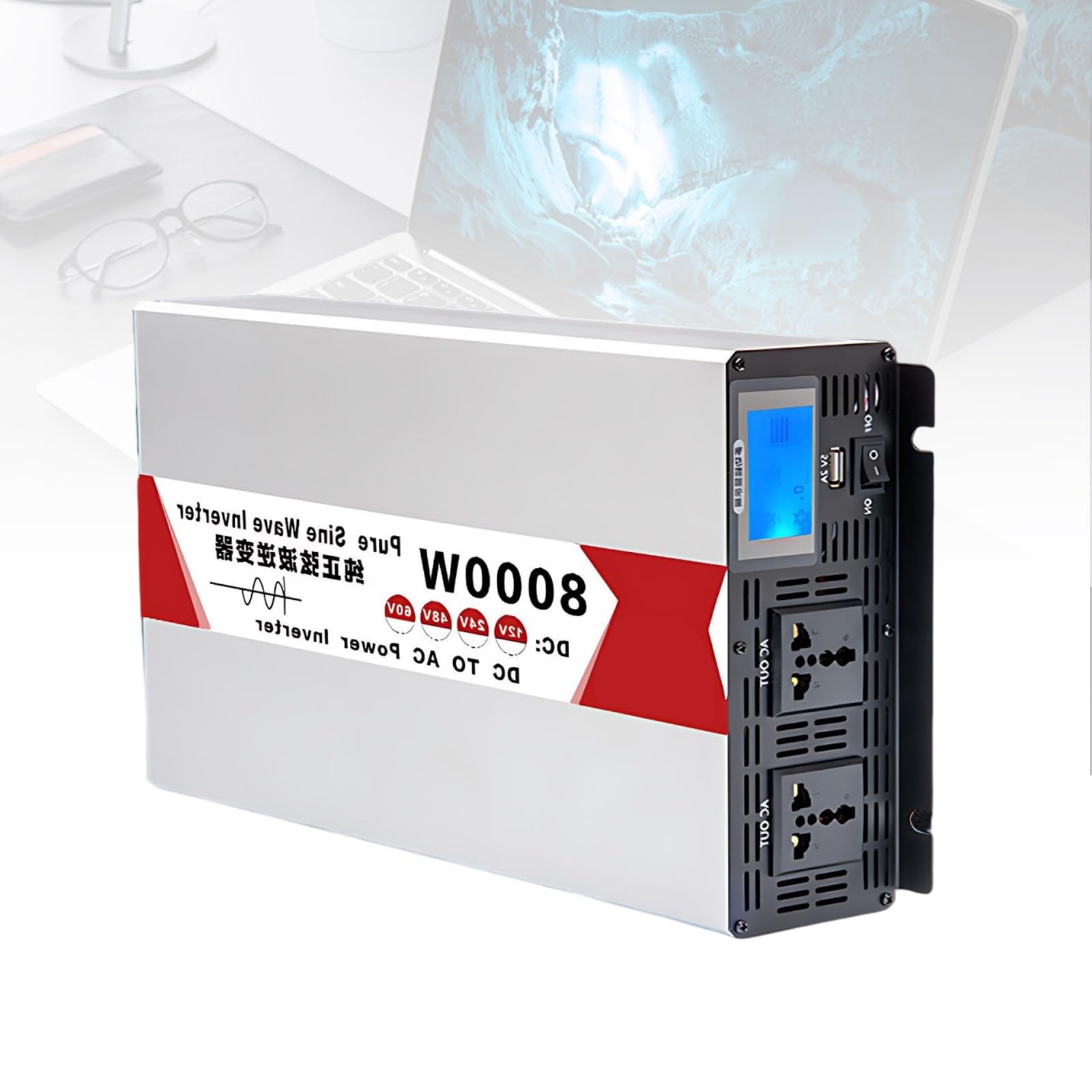Inverter Solare 5000W/6000W/8000W, Inverter Ibrido per Uso Domestico e Energia Solare, Alta Efficienza per 12V/24V/48V/60V DC a 110V/230V AC(8000W,48V to 230V)