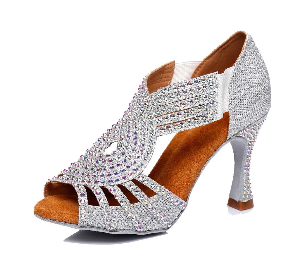 TDA Womens Slip-on Flaced Heel Silver Glitter Synthetic Crystals Latin Modern Salsa Tango Ballroom Wedding Dance Shoes 8 M US