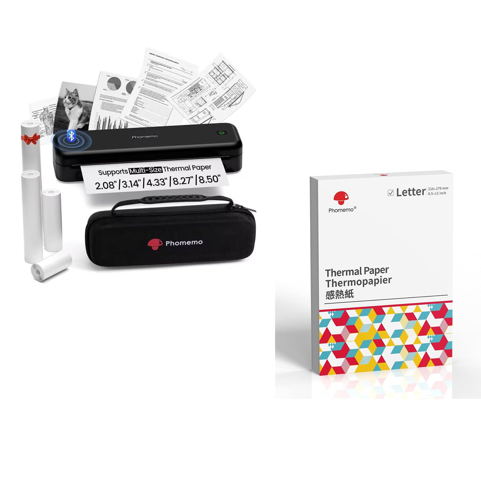 Phomemo M834 Bluetooth Thermal Printer with various paper sizes and a carry case