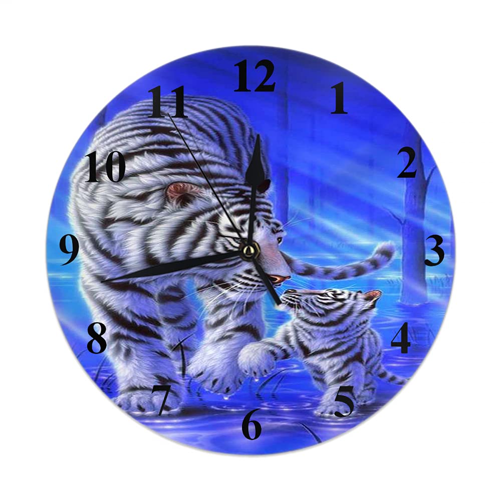 Hdadwy Tiger Wall Clock Wildlife Mom and Son PlaySwamp Silent Non-Ticking Round Clock Decorative Battery Operated Wall Clock Blue White Black 10 Inch