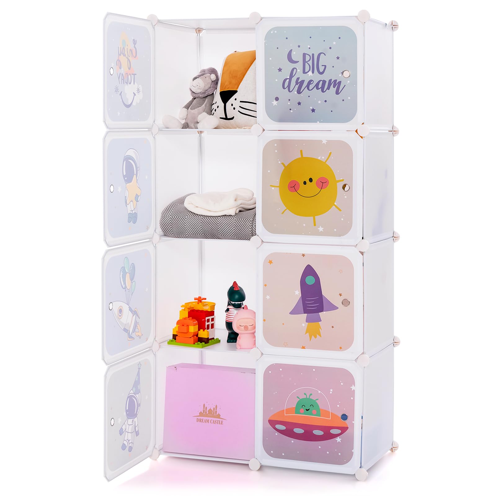 GYMAX Cartoon Clothes Closet, Portable Kids Wardrobe with Hanging Section, 8 Cubes Children Storage Unit for Bedroom Nursery (White, 74 x 36 x 144cm)