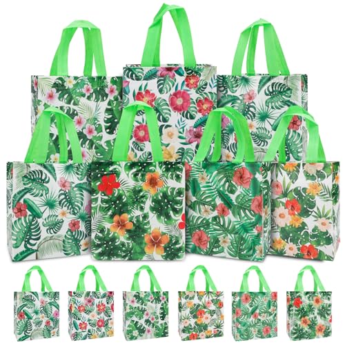 PHOGARY Reusable Gift Bag with Handle 12PCS Hawaiian Aloha Bags Non Woven Tropical Hawaii Luau Goodie Bag for Summer Beach Pool Birthday Party Favor Bags