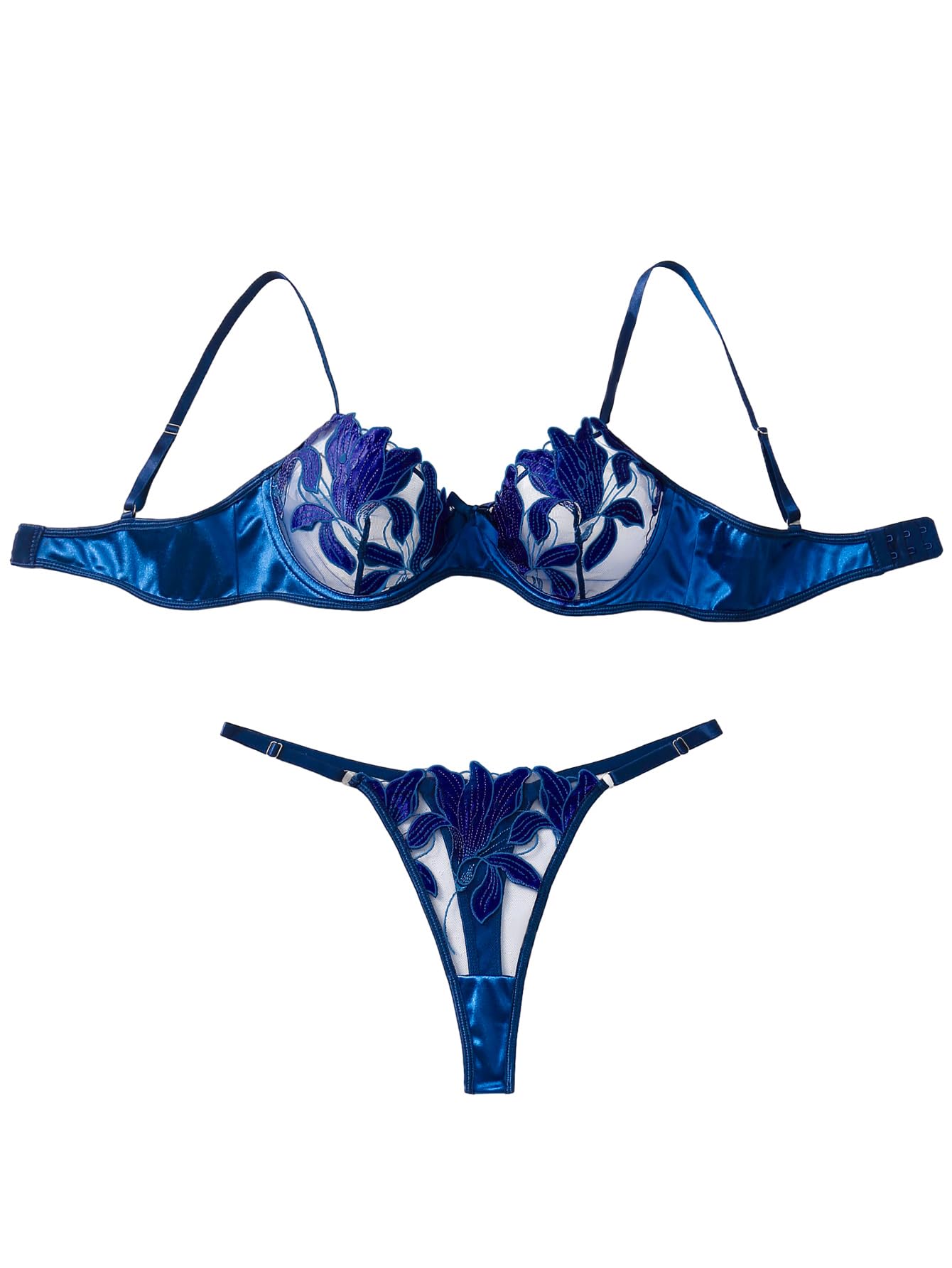 LilosySexy Satin Mesh Floral Sheer Embroidered Underwire Lingerie Set 2 Piece Women
