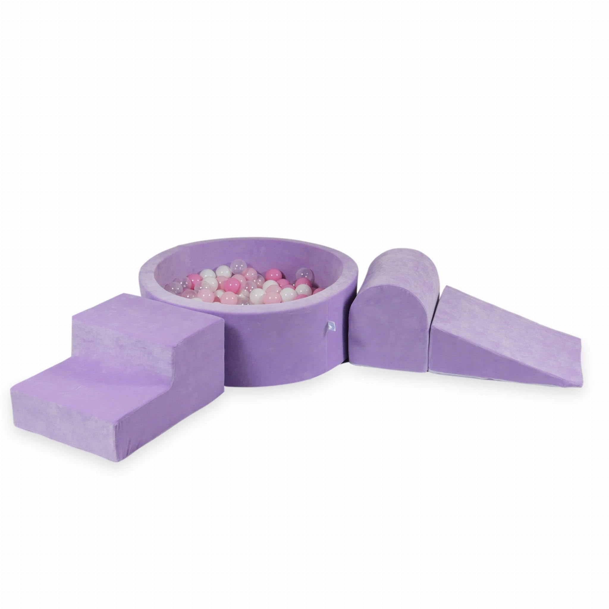Mimii Parco giochi in schiuma con vasca con palline Velvet Soft viola (200 palline: trasparente/bianco/rosa chiaro/rosa cipria), grandi mattoncini da costruzione per gattonare e arrampicare, morbidi