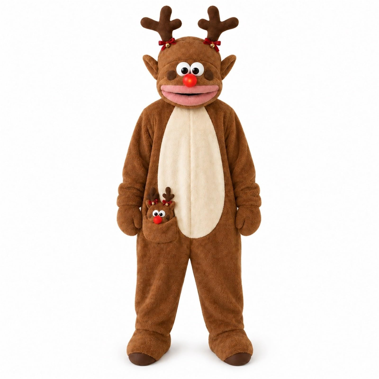 Tuta Bambini Costume Renna Cappuccio Corna Tasche Zampe Peluche