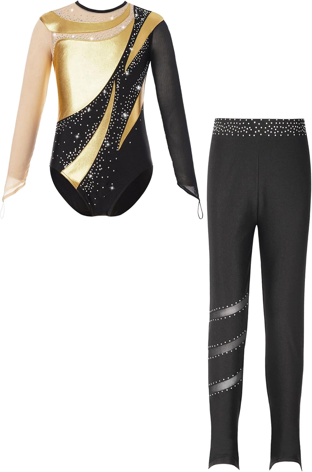 Kids Girls Mesh Long Sleeve Gymnastics Leotard Metallic Splice Biketard with Skating Leggings Trousers Set