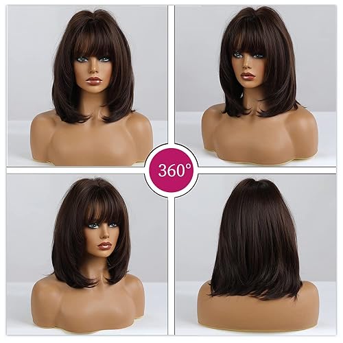 Miniatura 5 de Esmee Peluca corta marrón oscuro de 14 pulgadas con flequillo, puntas de cabello sintético natural, pelucas lacias, para mujeres, uso diario,