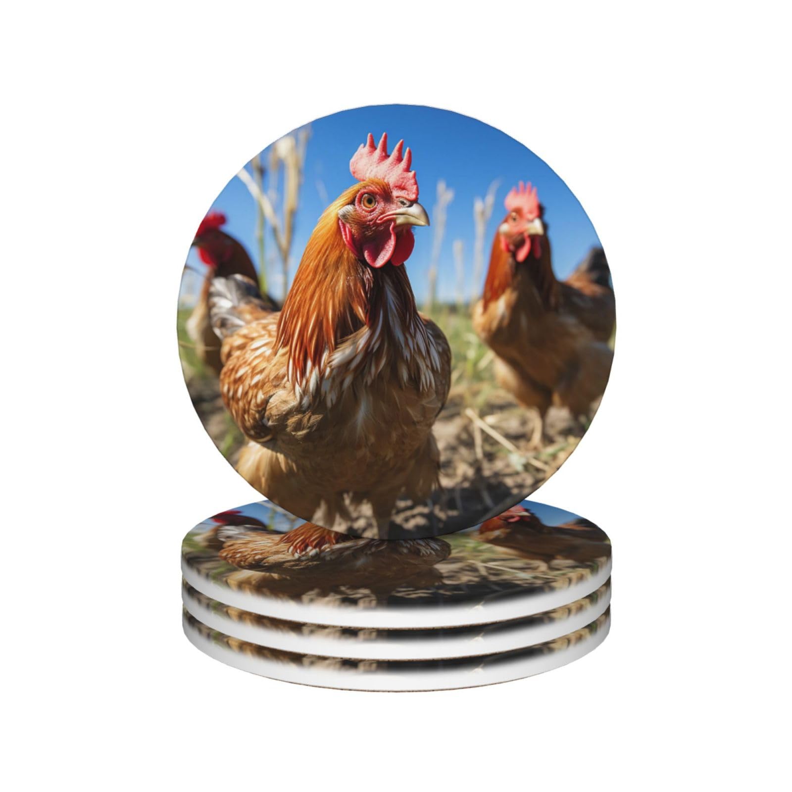 Drink Coasters Set of 4 Ceramic Coaster Funny Chicken Grass Coasters for Drinks Cups Mugs Mat Pads Absorbent Non-Slip Decorative Cup Coaster for Coffee Table Kitchen Bar Home Decor