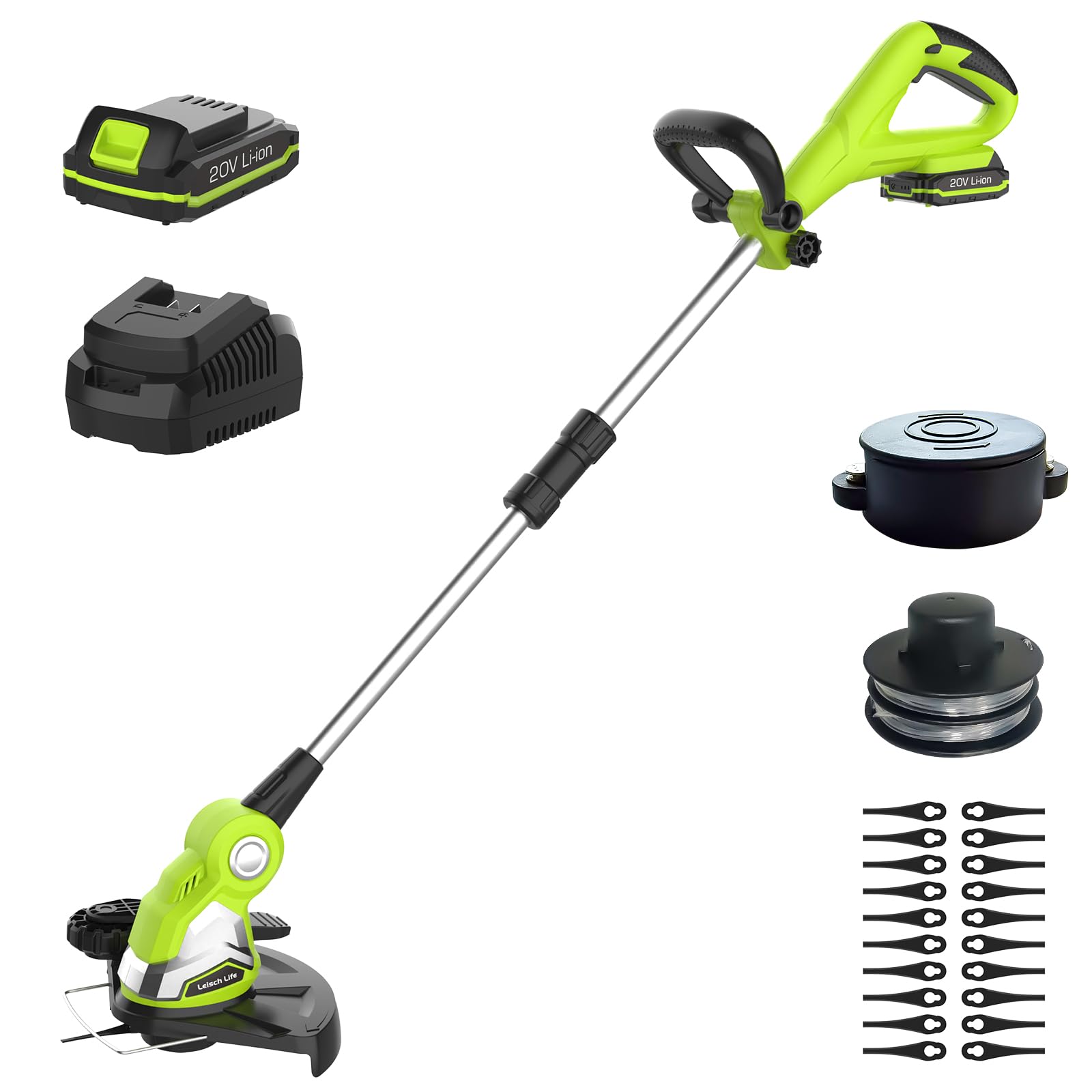 String Trimmer,10-inch Cordless Weed Wacker, 2.0Ah Battery Powered Weed Eater, 21V Lawn Edger with Grass Cutter Spool Line and 20Pcs Plastic Blades, Fast Charger Included-GT08